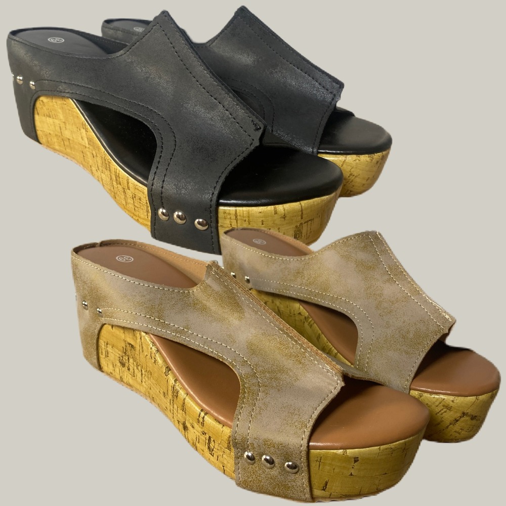 Faux Leather Wedge Sandals 39 Set of Two Studded Peep Toe Chunky Summer Casual